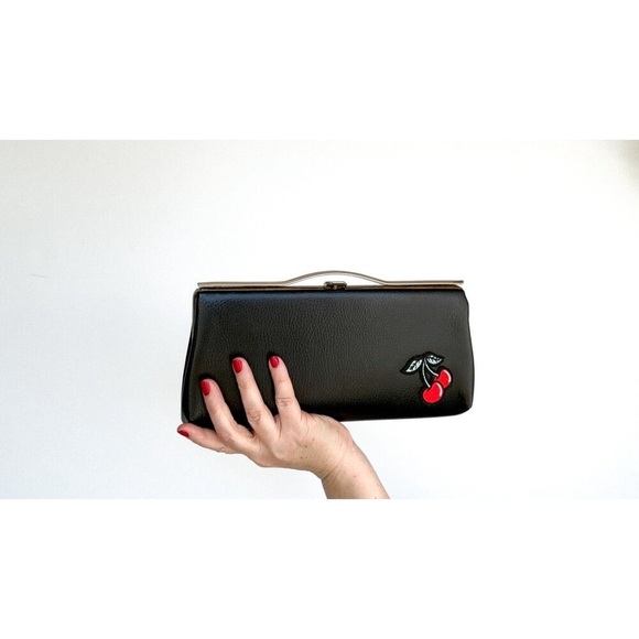 embellished vintage black leather clutch handbag reworked OOAK cherries patch Va - Picture 2 of 7